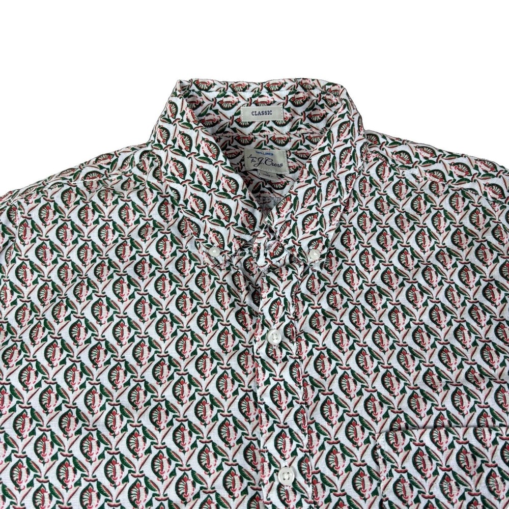 J Crew Linen Shirt Mens Large Floral Block Print White Classic Coastal Resort